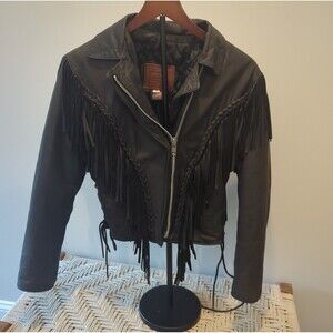 Motorcycle Jacket Walter Dyer Fringe Leather Black Woman’s Size 8 Made In USA